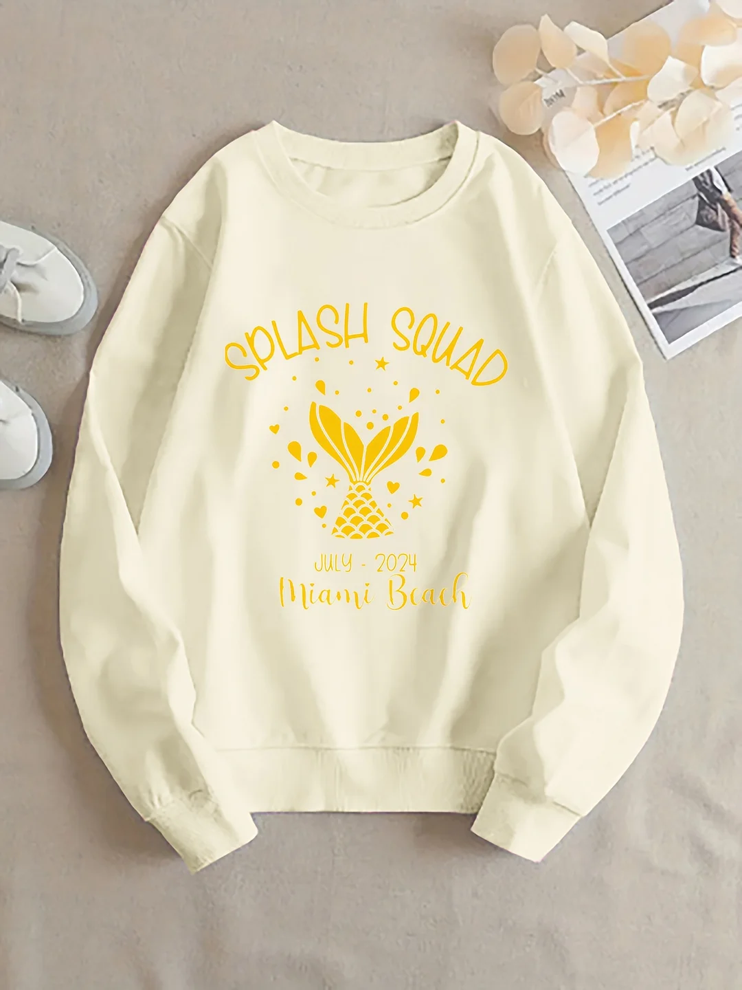 Women's Crewneck Sweatshirt - Dark Green Miami Beach Graphic Pullover, Casual Vacation Sweater For Summer Outfits, Machine Washable Everyday & Travel Apparel, Beach Clothes, Holiday Fashion, Relaxed Fit, Breathable Pullover, Stylish Clothing | IFYHOME