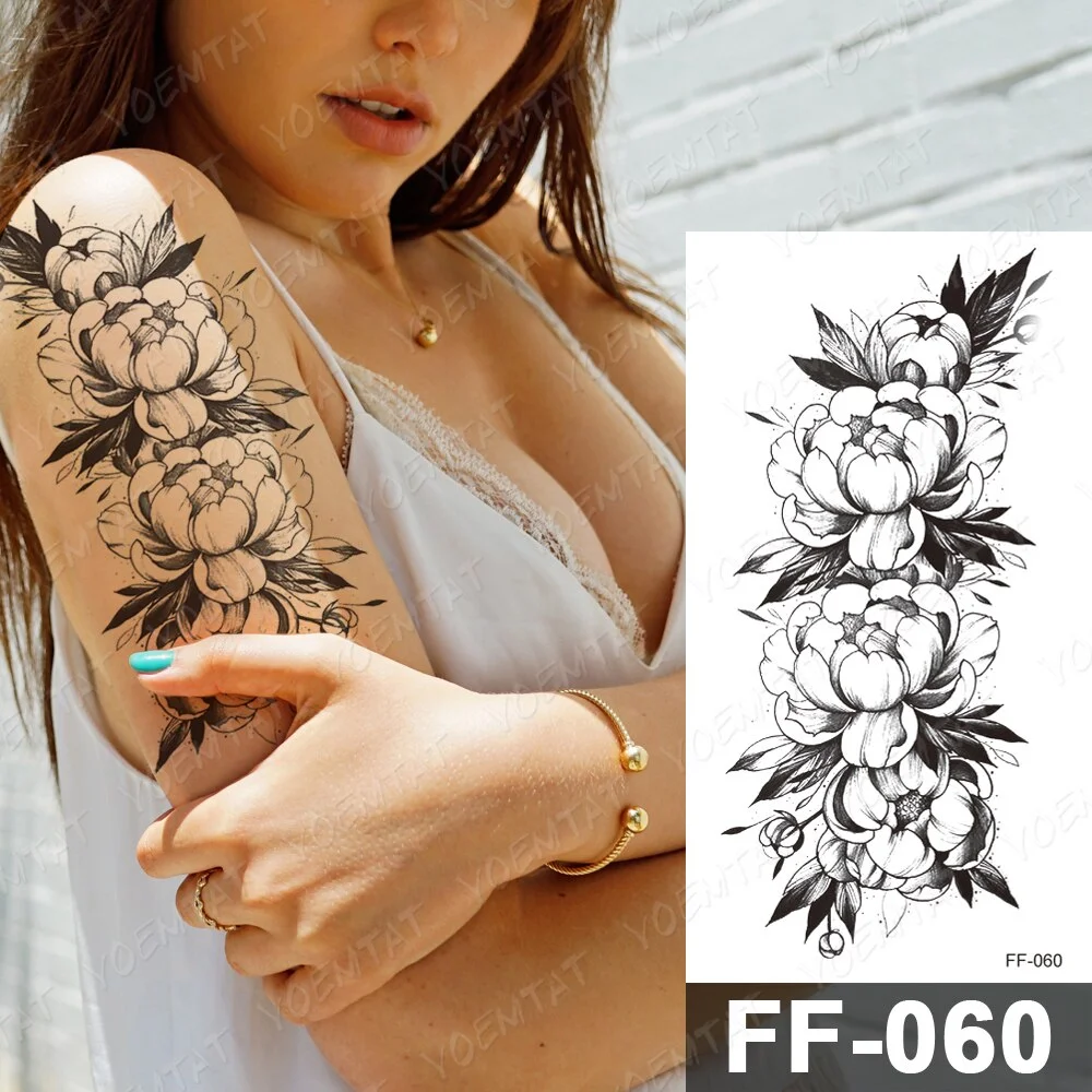 Waterproof Temporary Tattoo Stickers Peony Rose Flower Gun Flash Tattoos Female Black Sketch Body Art Arm Sexy Fake Tatto Male
