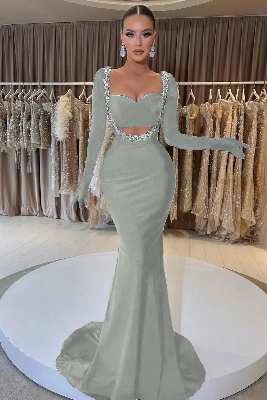 Hidais Charming Black Velvet Long Sleeve Beaded Long Mermaid Prom Dress With Gloves
