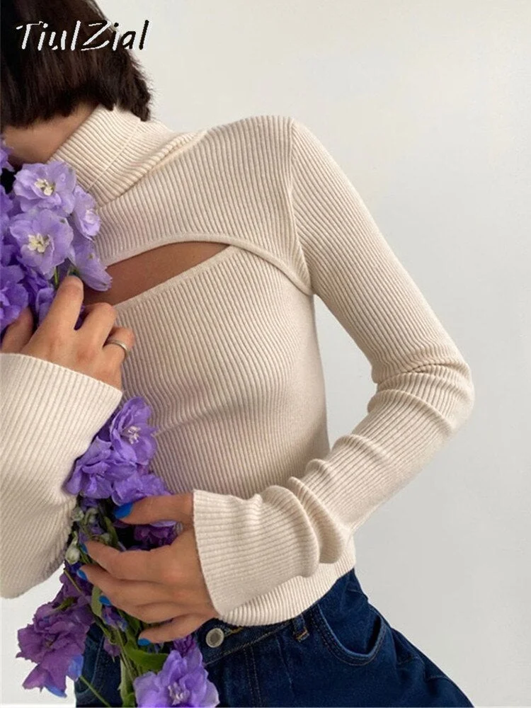 Ribbed Knitted Turtleneck Long Sleeve Top Hollow Out White Sexy Club T Shirt Women Slim Skinny Tee Lady Clothing 2022