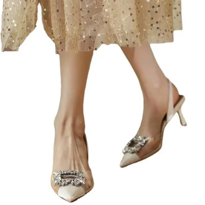 Breakj Breakj New Fashion Water Drill Side Buckle Transparent Belt Splicing Tip Head Thin Heel Sandals Women's Shoes