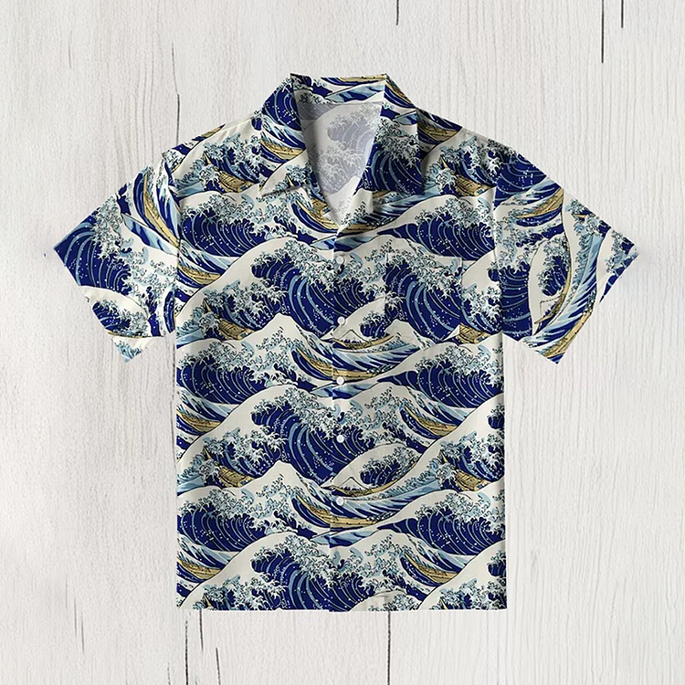 Simpfit Herrenhemd mit japanischem Aloha-Hawaii-Kunstdruck „Great Wave“