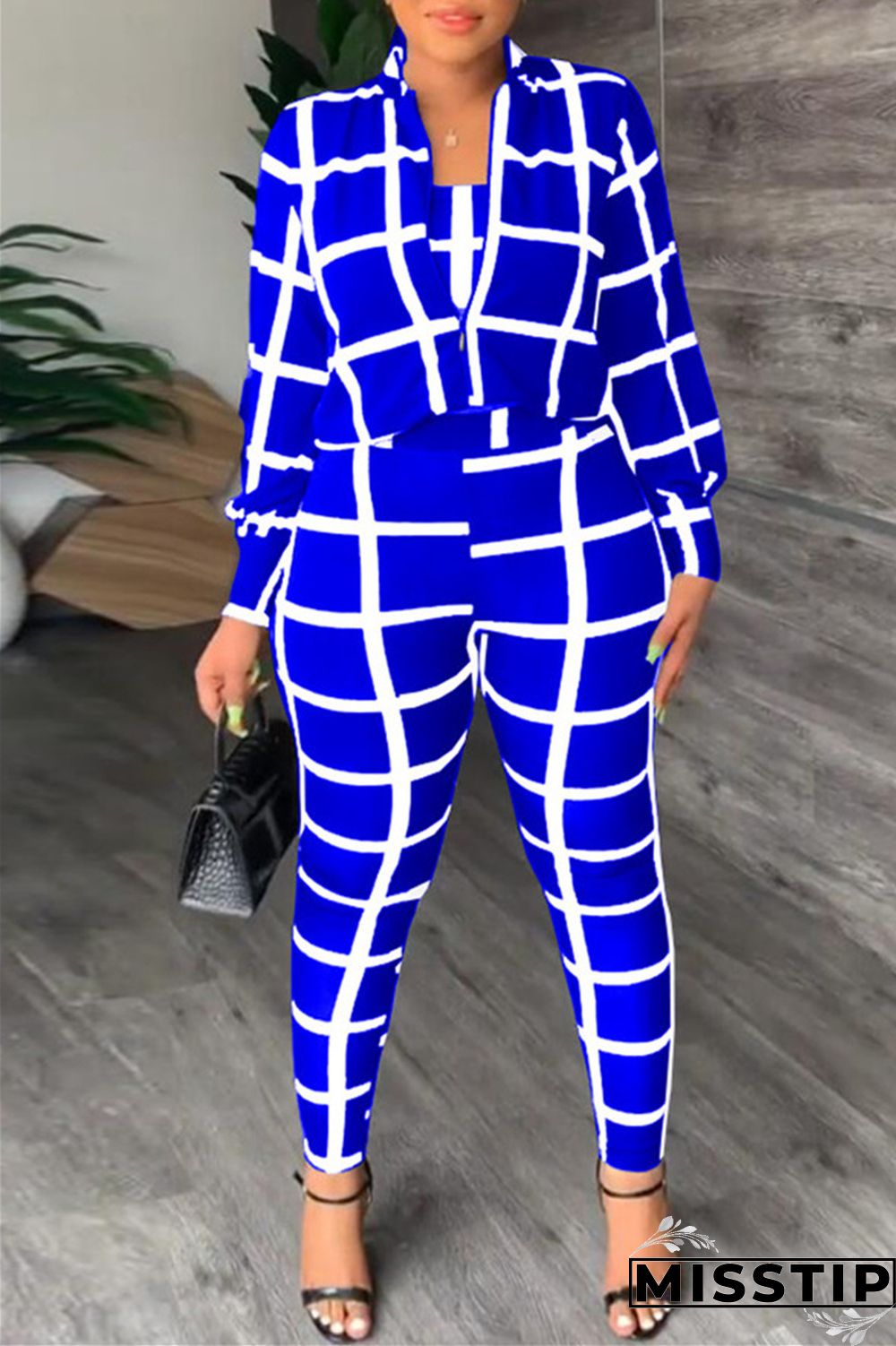 Black Casual Print Patchwork Turndown Collar Long Sleeve Three-piece Set