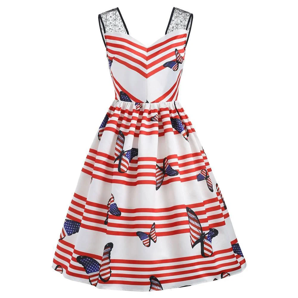 Women's American Flag Dresses V-Neck Spaghetti Strap Butterfly Bodycon Dresses