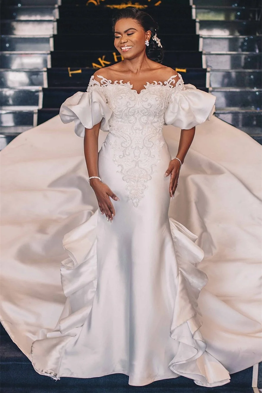 Bubble Sleeves Applique Mermaid Sweetheart Wedding Dress With Cathedral Train | Ballbellas Ballbellas
