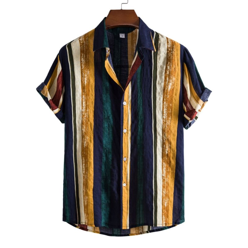 Men's Casual Stripe Printed Short Sleeved Shirt