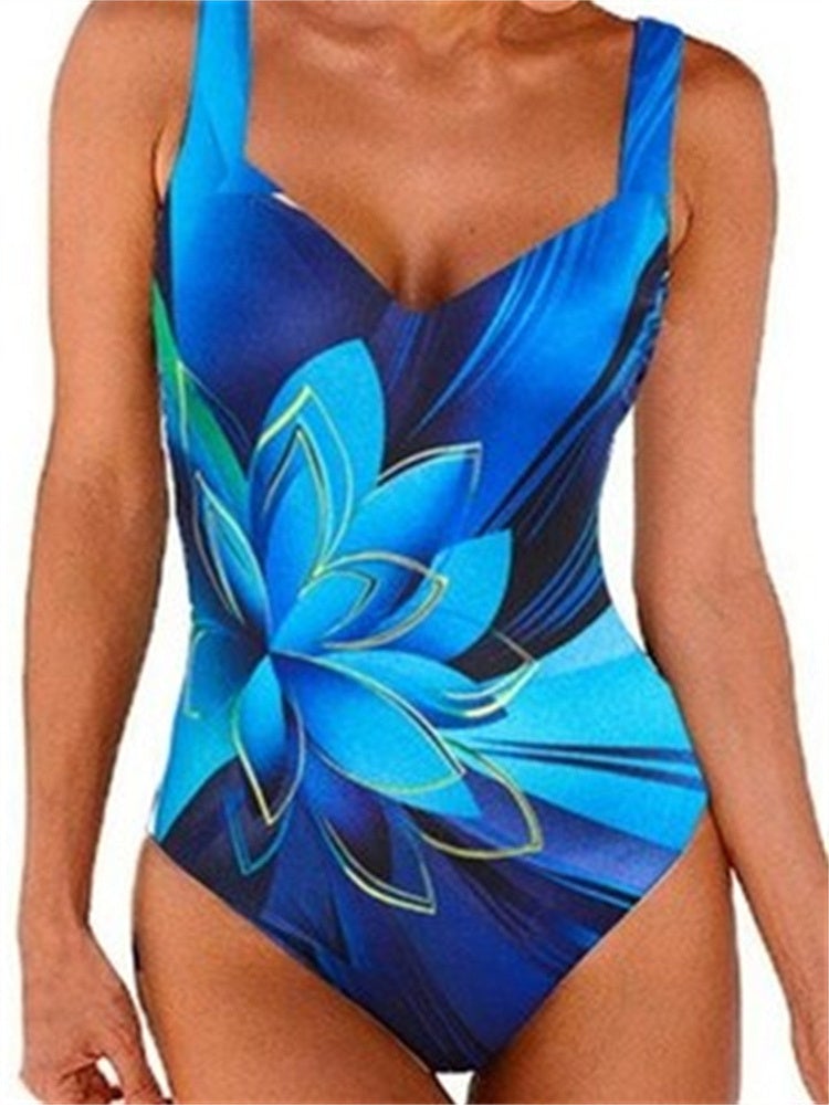 Women Floral Printed Sleeveless V-neck One Piece Swimwear