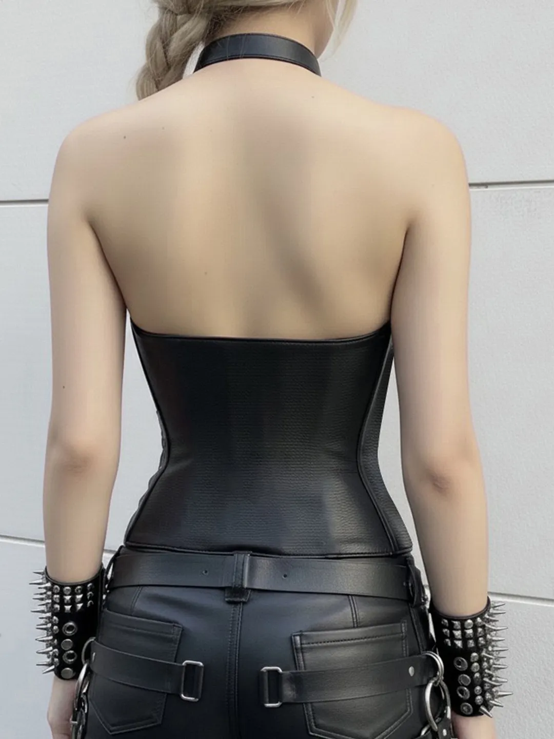 Nigikala Nigikala Sexy Waist-Type Skinny Leather Slings Solid Color Repair Neck Top (Including Chest Cushion)