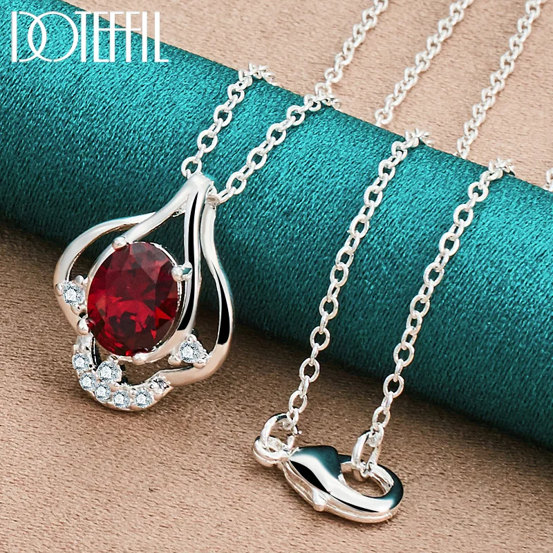 DOTEFFIL 925 Sterling Silver AAA Red Zircon Pendant Necklace 18-30 Inch Chain For Woman Jewelry