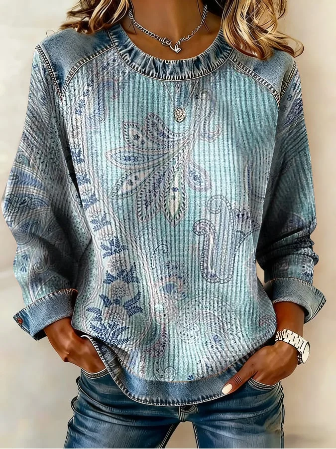 Women's Flower-Print Denim-Like Sweatshirt 
