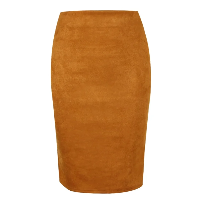Sexy Multi Color Suede Midi Pencil Skirt Women 2021 Fashion Elastic High Waist Office Lady Bodycon Skirts Saias