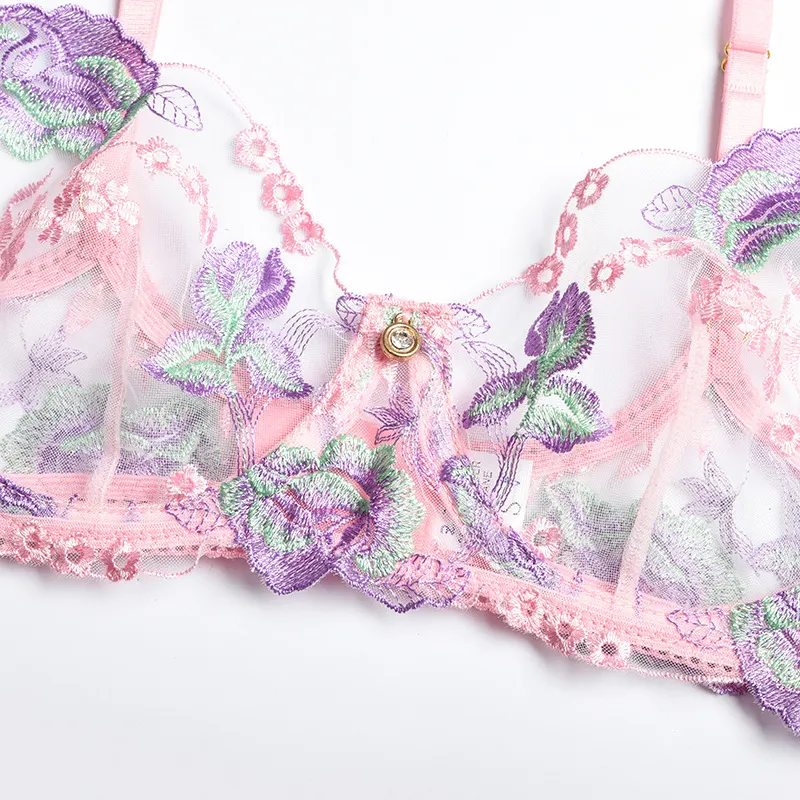 Billionm Pink Floral Lingerie Set Women Underwear Lace Transparent Bra Panties Sexy Push Up Bras Fancy Ladies Embroider Costumes for Sex