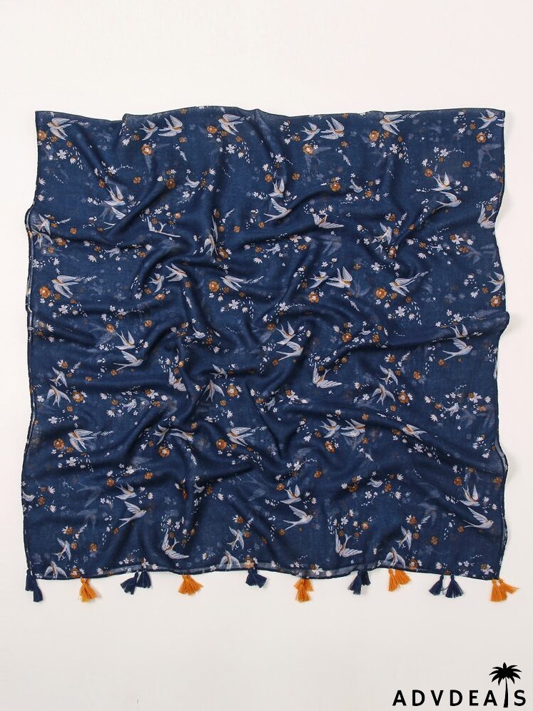 Bird & Floral Print Tassel Trim Scarf