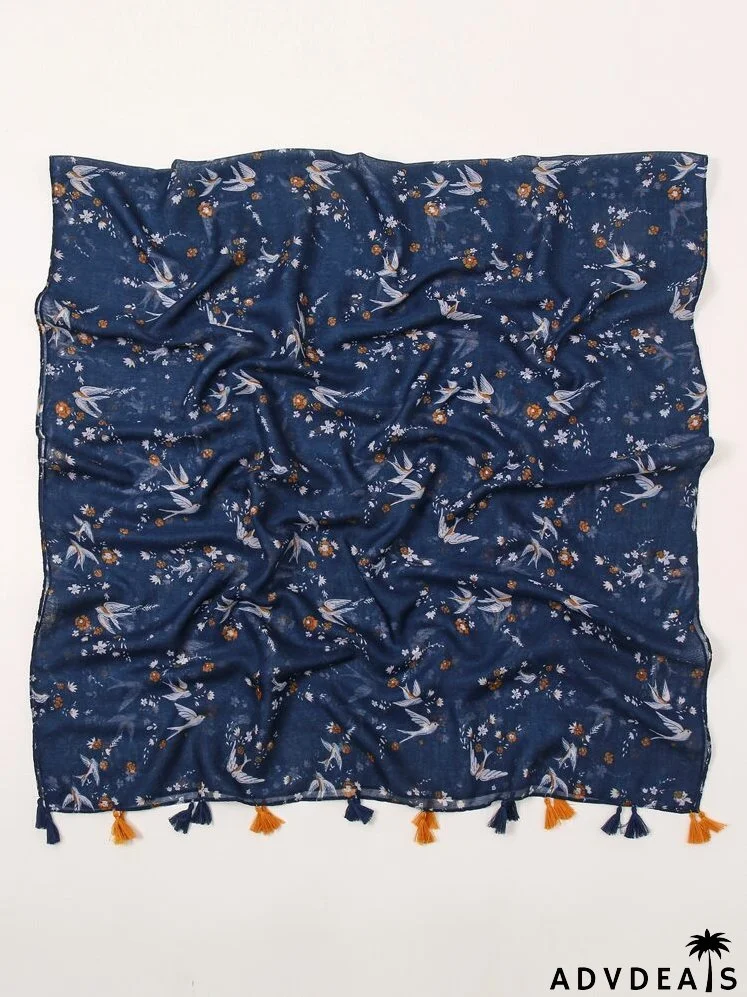 Bird & Floral Print Tassel Trim Scarf