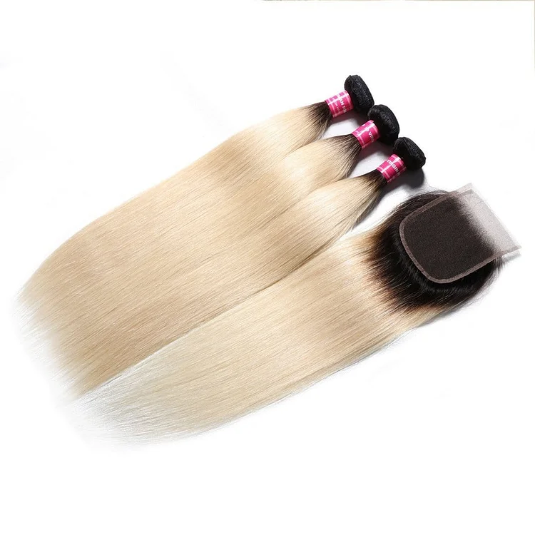 1b/613 T Color Light Blonde Straight Hair 3 Bundles with 4*4 Lace Closure