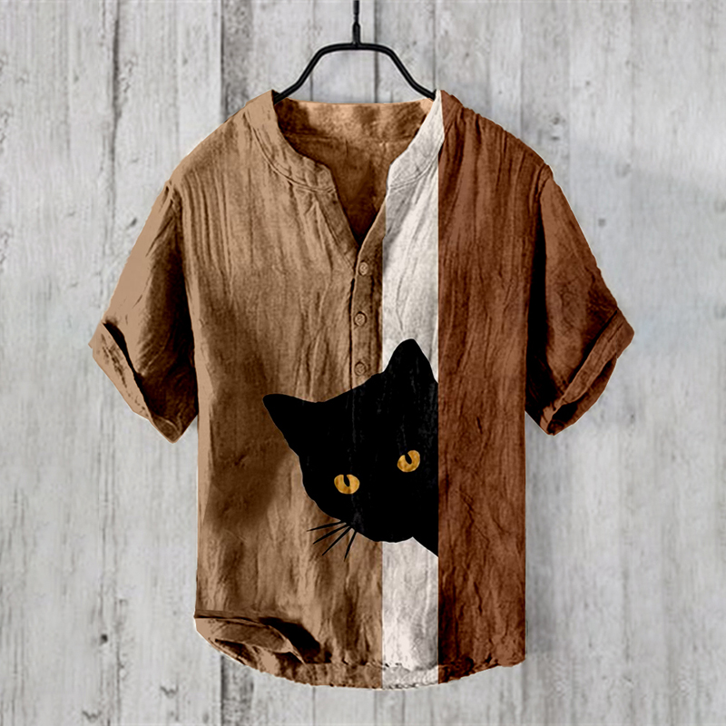 Japanese Abstract Black Cat Art Print Linen Blend Shirt  artssus