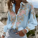 Women's Pink Rose Embroidery Art Long Sleeve Linen Blend Shirt - Image 6