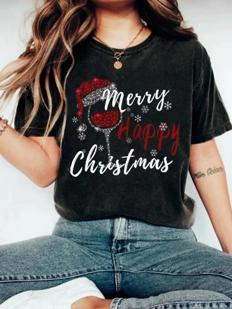 Women's Christmas Cap And Red Wine Cup Printed Short Sleeved T-Shirt