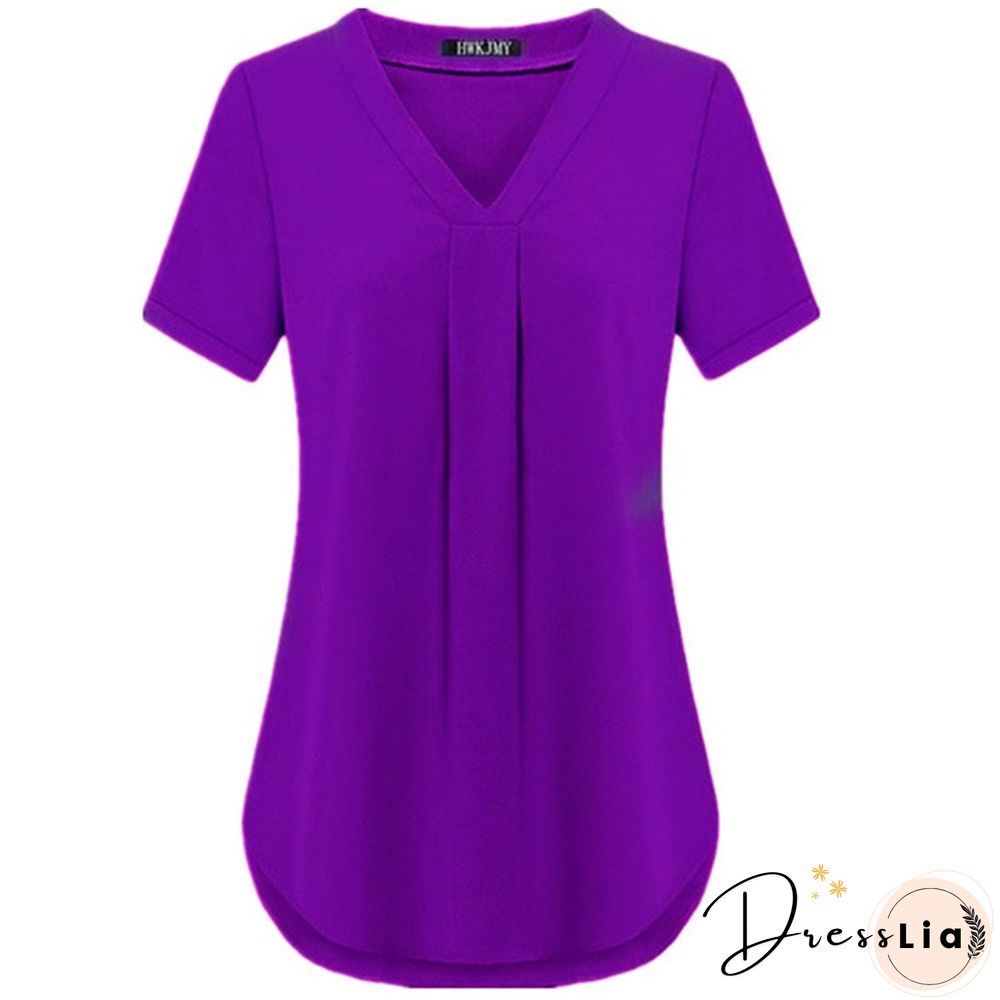 Women's Fashion Summer Sexy V-neck Short Sleeve Shirt Solid Color Loose Pleated Chiffon T-shirt Tops Blouse Plus Size S-6XL