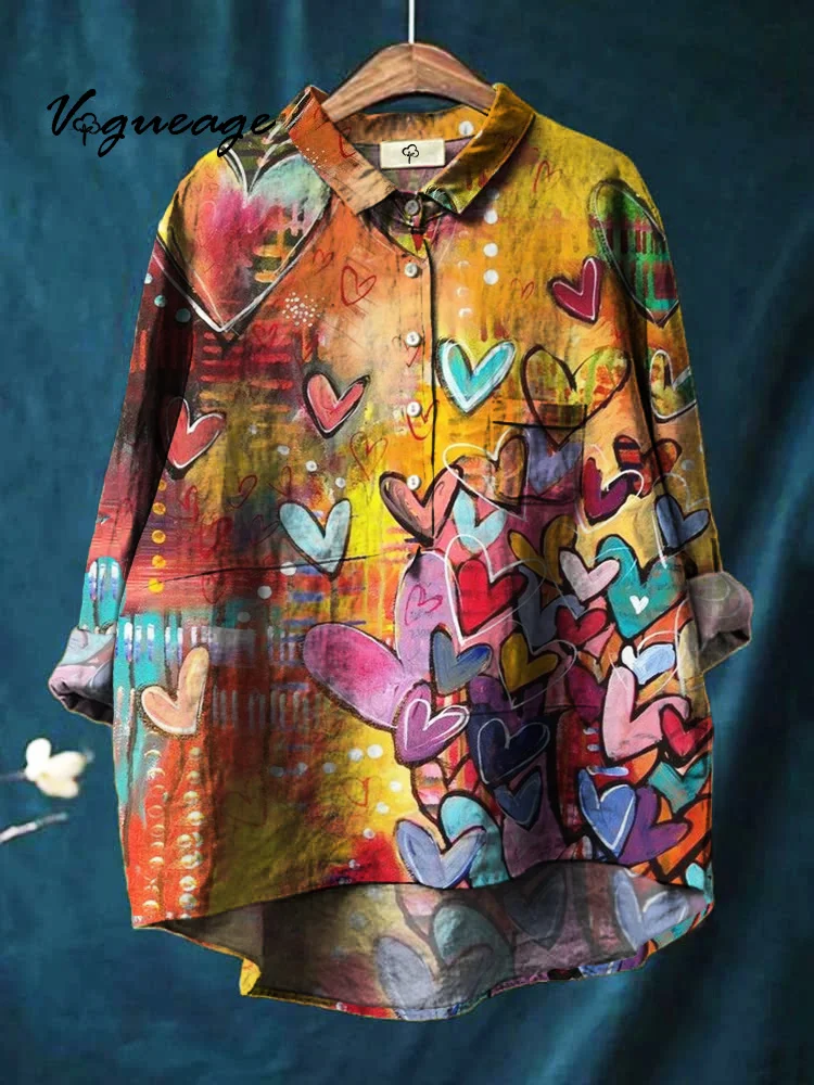 Fashion Colorful Bright Creative Love Heart Print Cotton And Linen Shirt