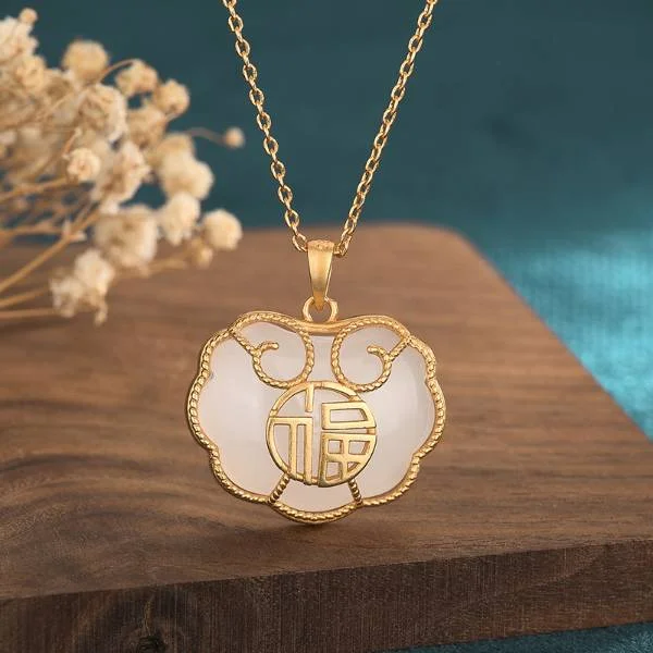 Natural Jade Fu Character Safe Lock Auspicious Pendant Necklace