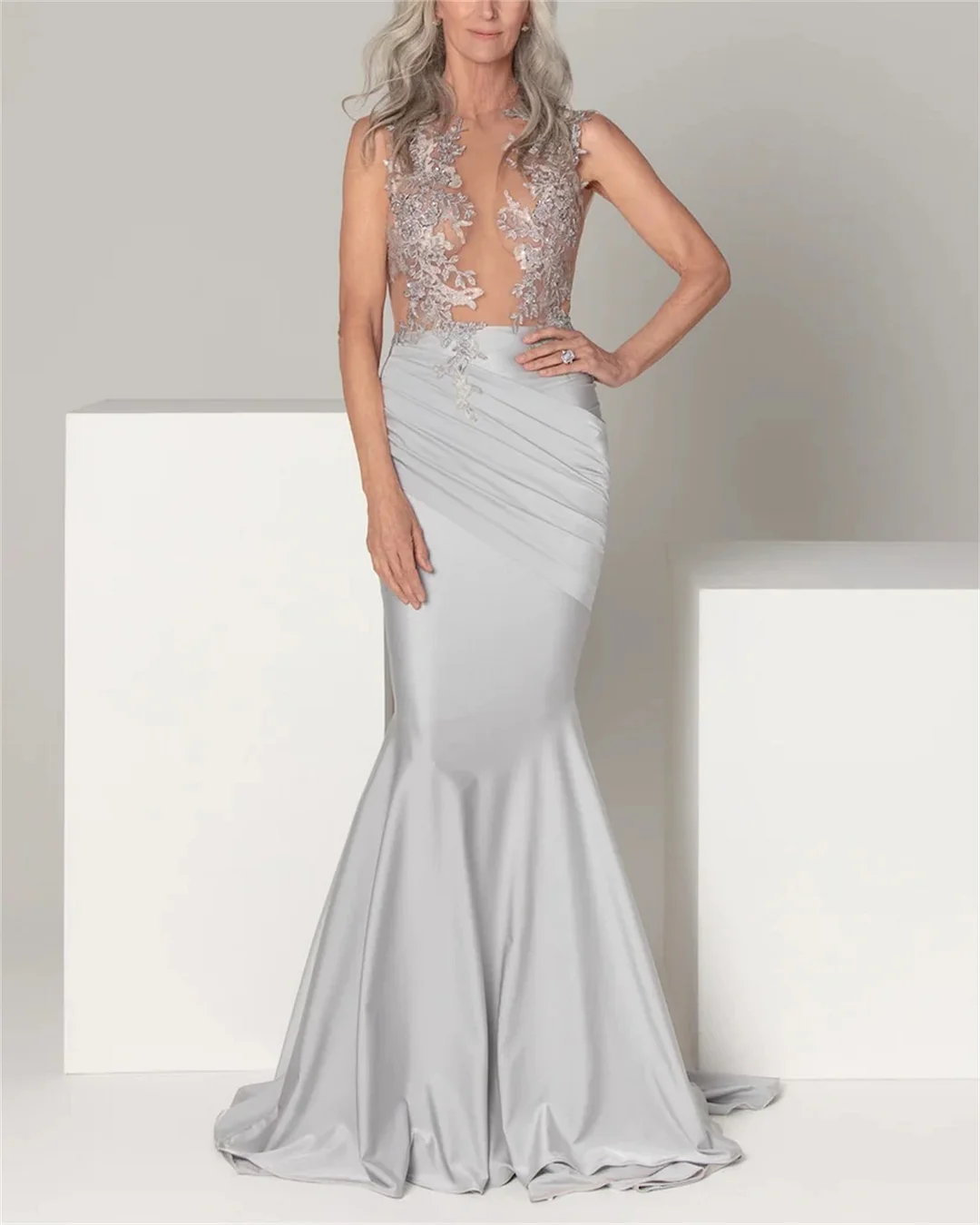Women's Gray Sleeveless Embroidered Dress