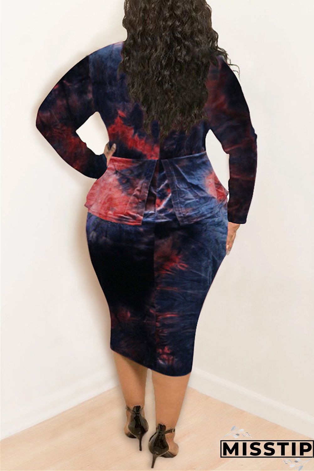 Purple Fashion Casual Plus Size O Neck Long Sleeve Regular Sleeve Print Tie Dye Printed Dress