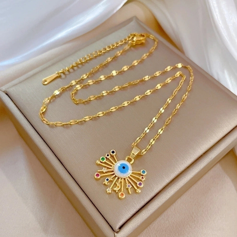 Fashion Devil’S Eye Star Moon Stainless Steel Copper Inlay Rhinestones Pendant Necklace