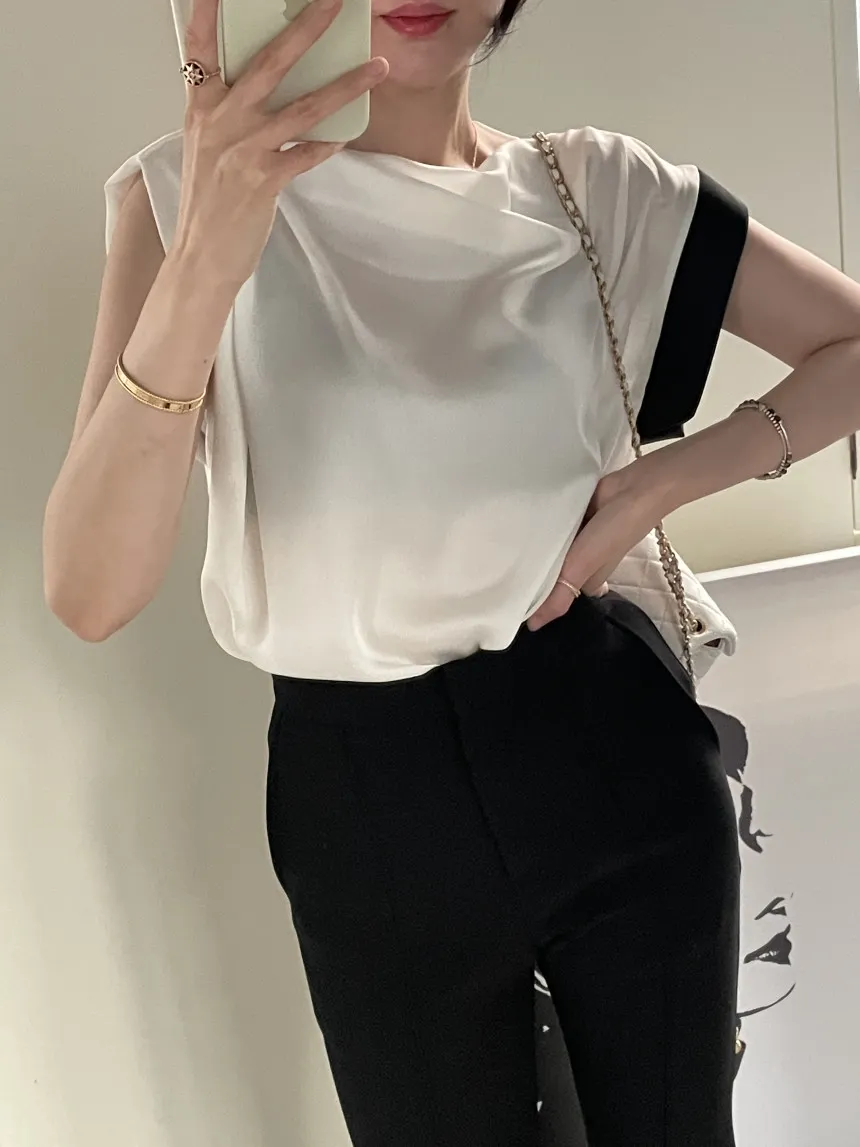 Churchf Churchf Size Update Chic Summer French Design Sense Splicing Color Short Sleeve T-Shirt Women's Temperament Simple Top