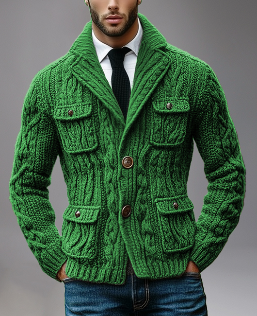 Okaywear Business Knit Notched Lapel Two Button Pockets Cardigan Sweater - Green-S