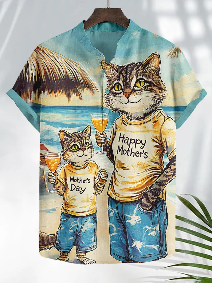 Men's Cat Beach Celebrates Mother's Day Print Casual Shirt