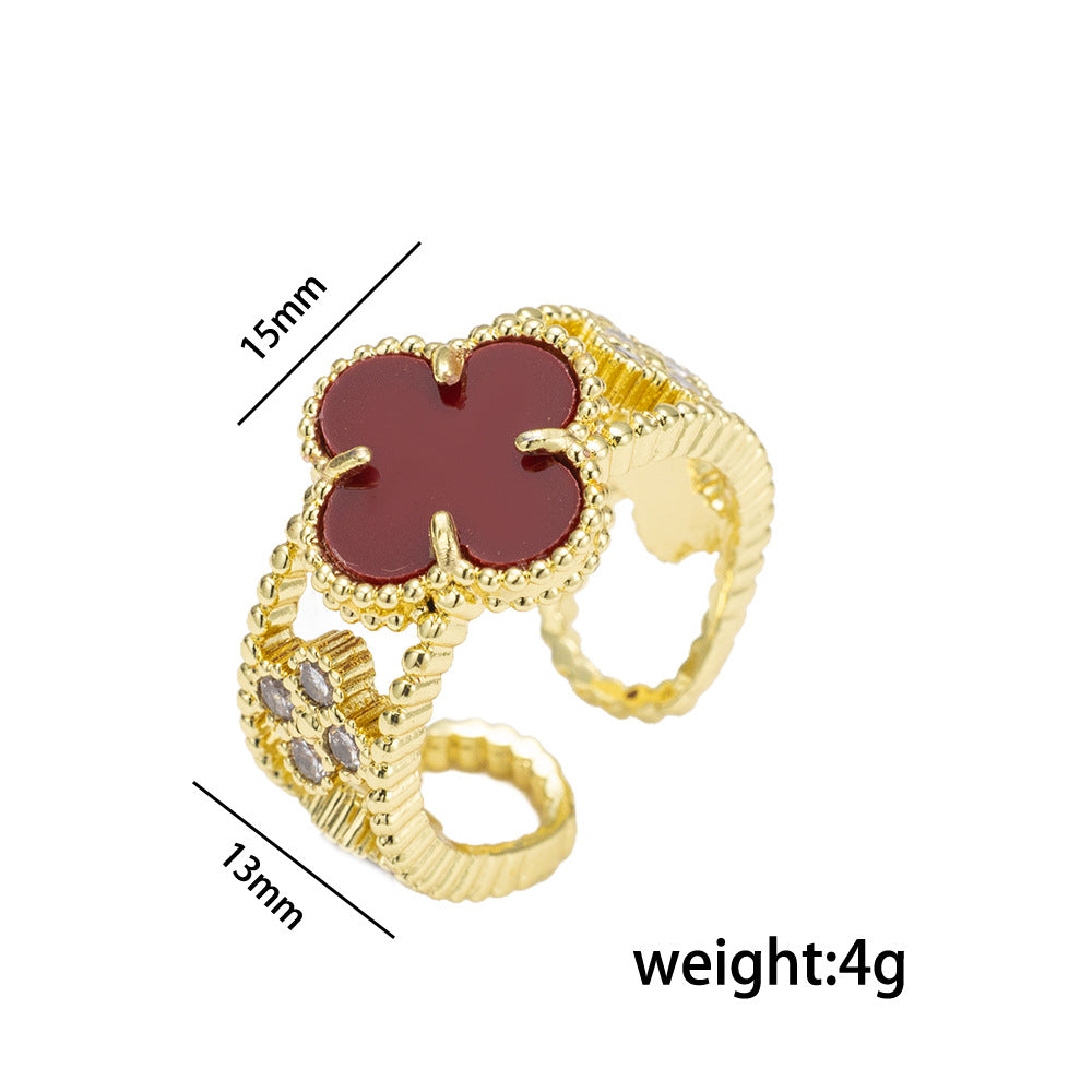 Ring Niche Four-Leaf Clover Zircon Ring Female Retro Open Adjustable Ring