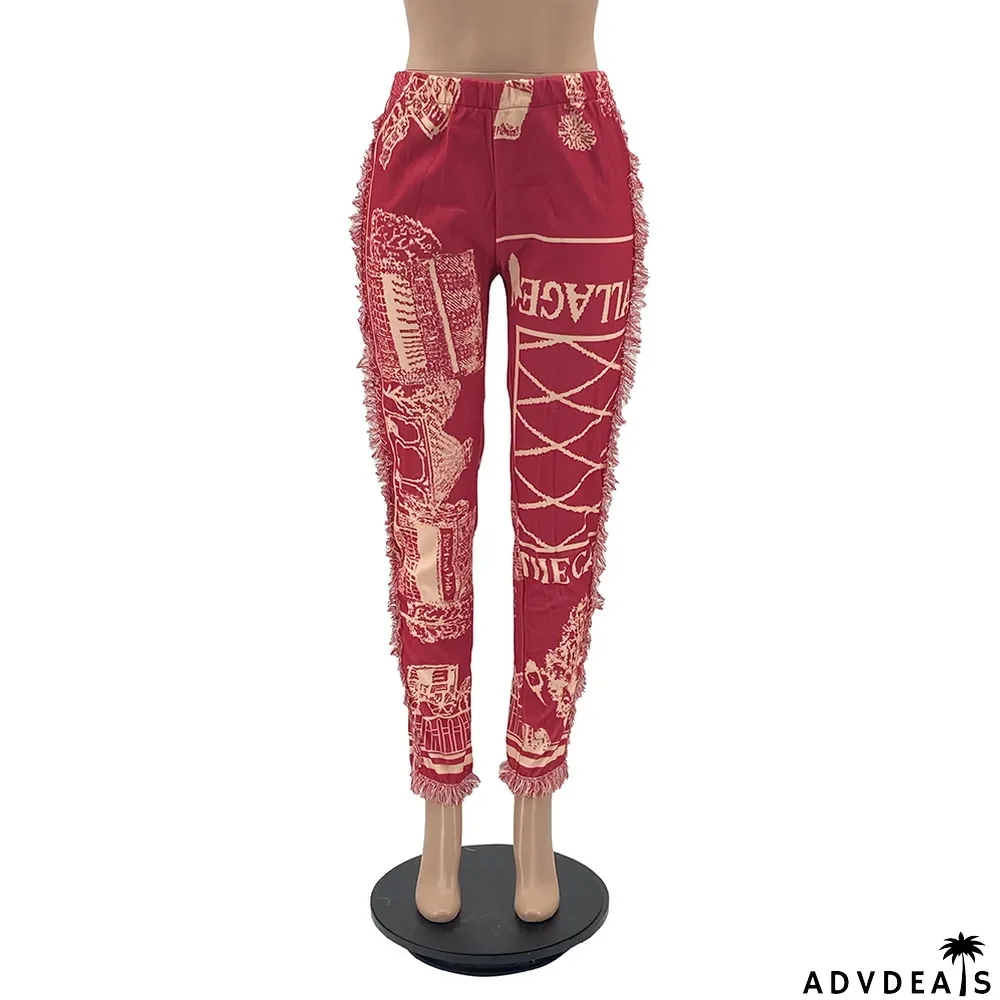 Casual Fashion Color Pattern Fringed Velvet Pants