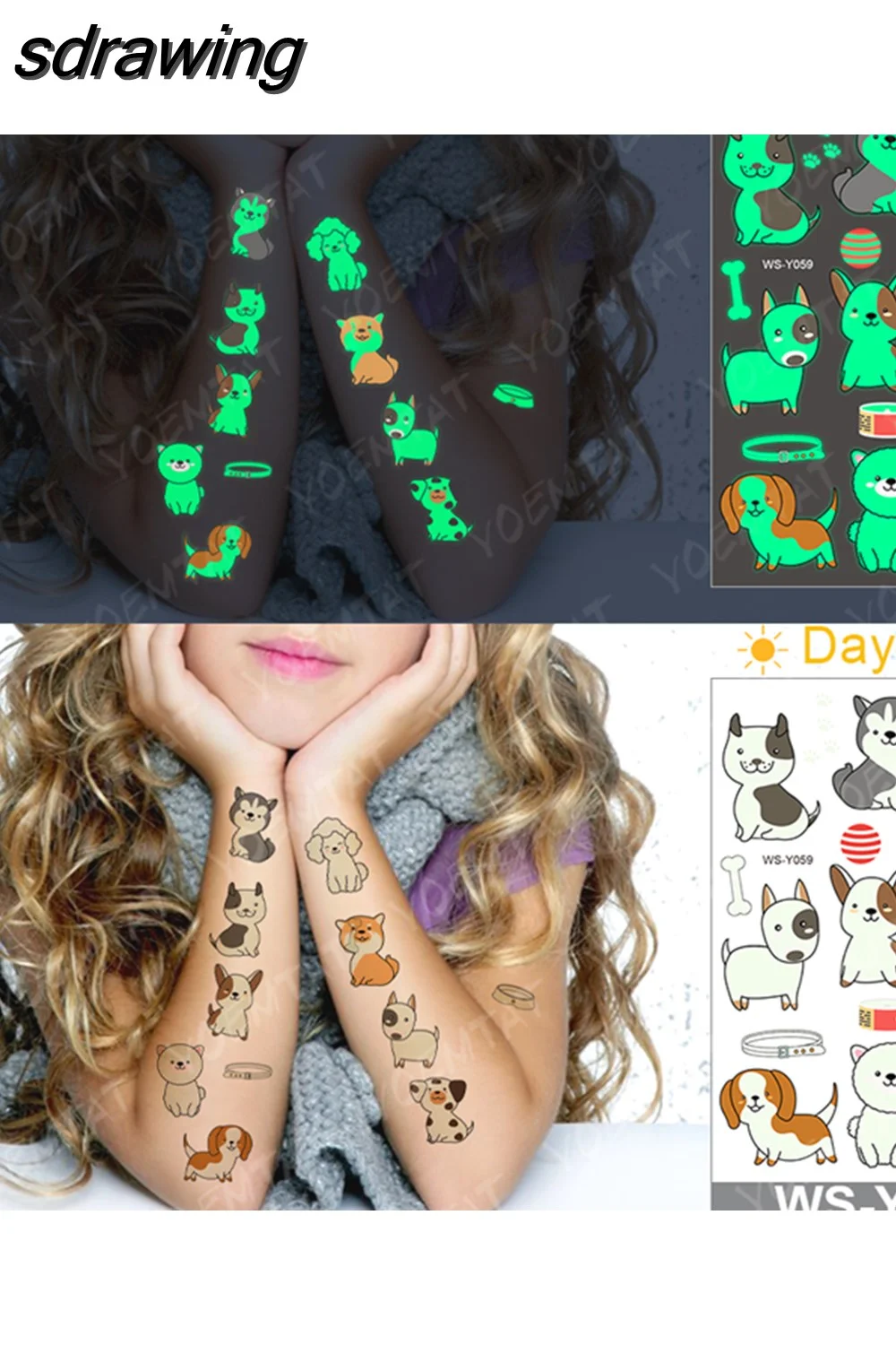 sdrawing Kids Luminous Waterproof Temporary Tattoo Stickers Cute Husky Poodle Corgi Dog Glowing Tatoo Arm Flashing Tatto Girl