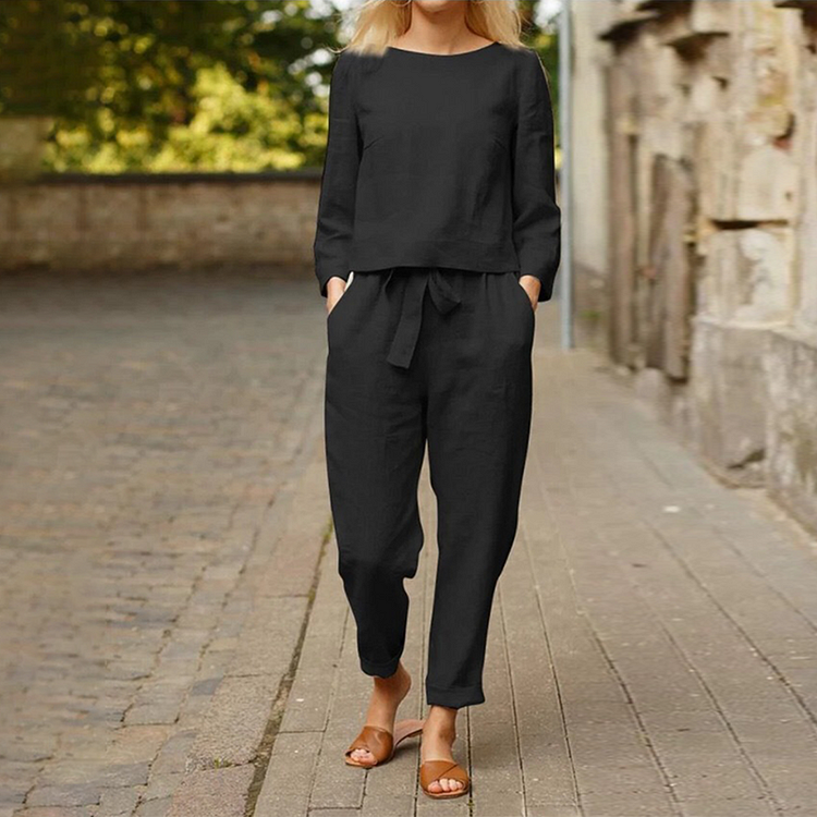 Loose Casual Round Neck Blouse And Pants Two Piece Set