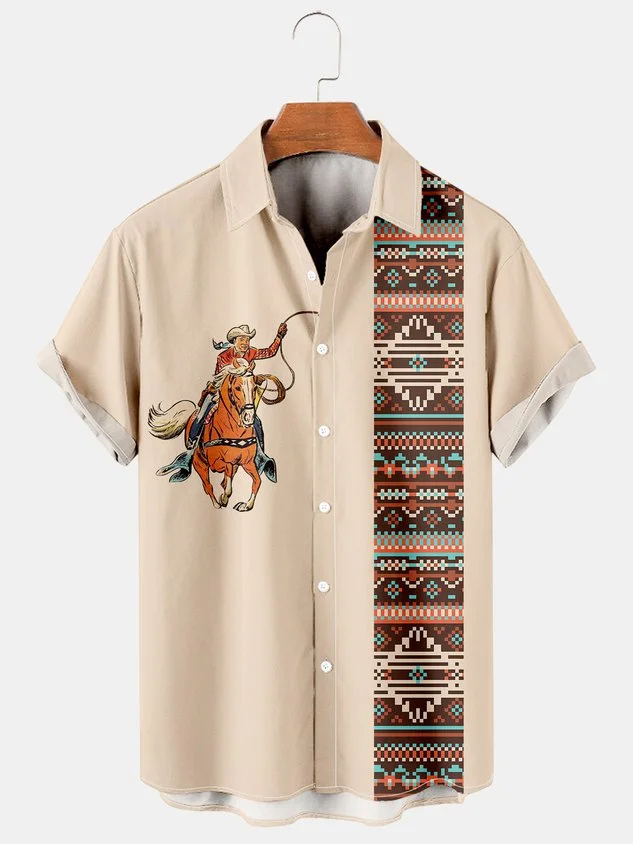 Mens Western Denim Print Short Sleeve Shirt Casual Vintage Top