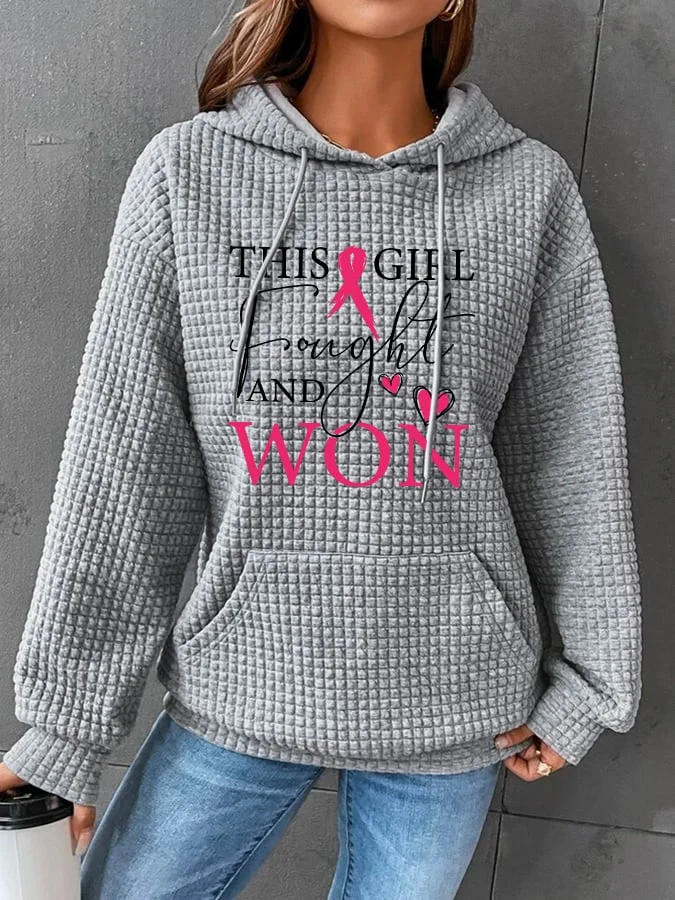 Women's This Girl Fought And Won Breast Cancer Awareness Print Waffle Hooded Sweatshirt socialshop