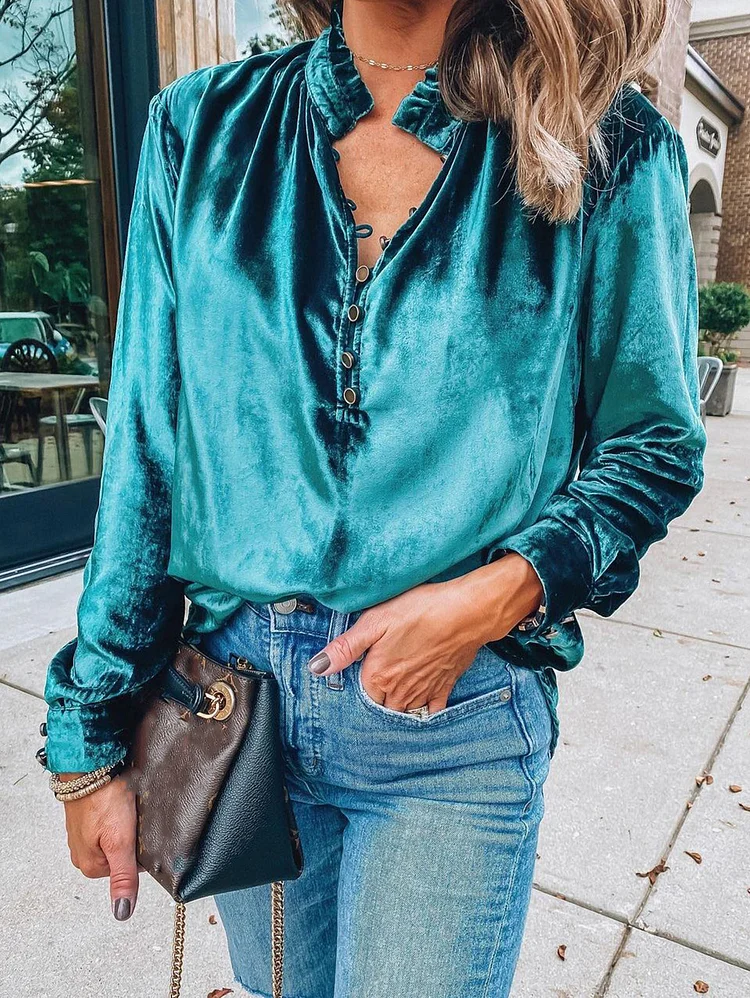 Women's Shirts Frilled Neck Quarter Button Velvet Top