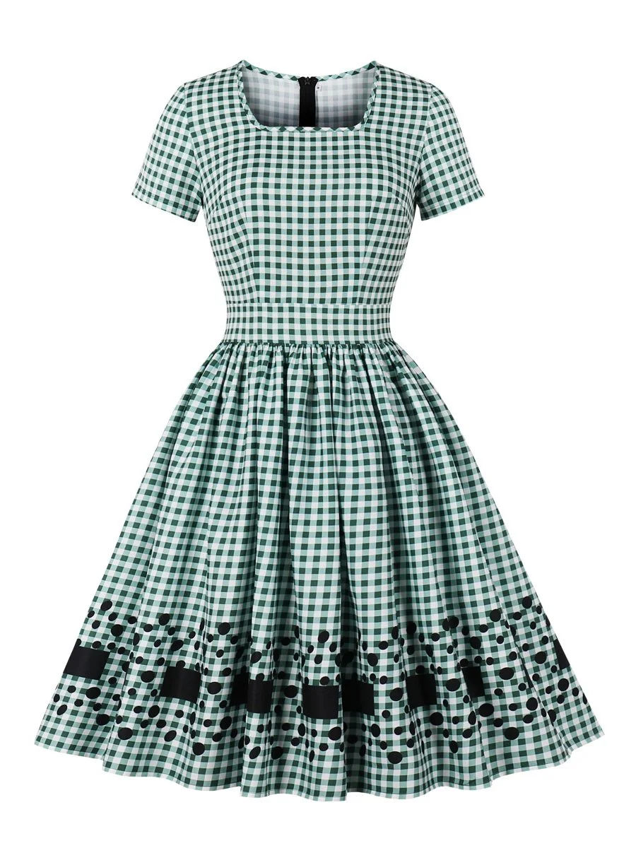 Vintage Plaid Dress Floral Square Collar Short Sleeve Tutu Dress