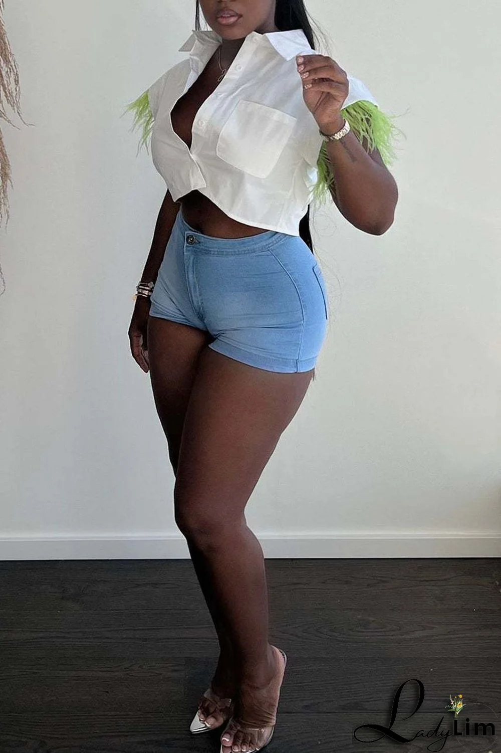 Green Casual Solid Patchwork Buckle Feathers Turndown Collar Tops