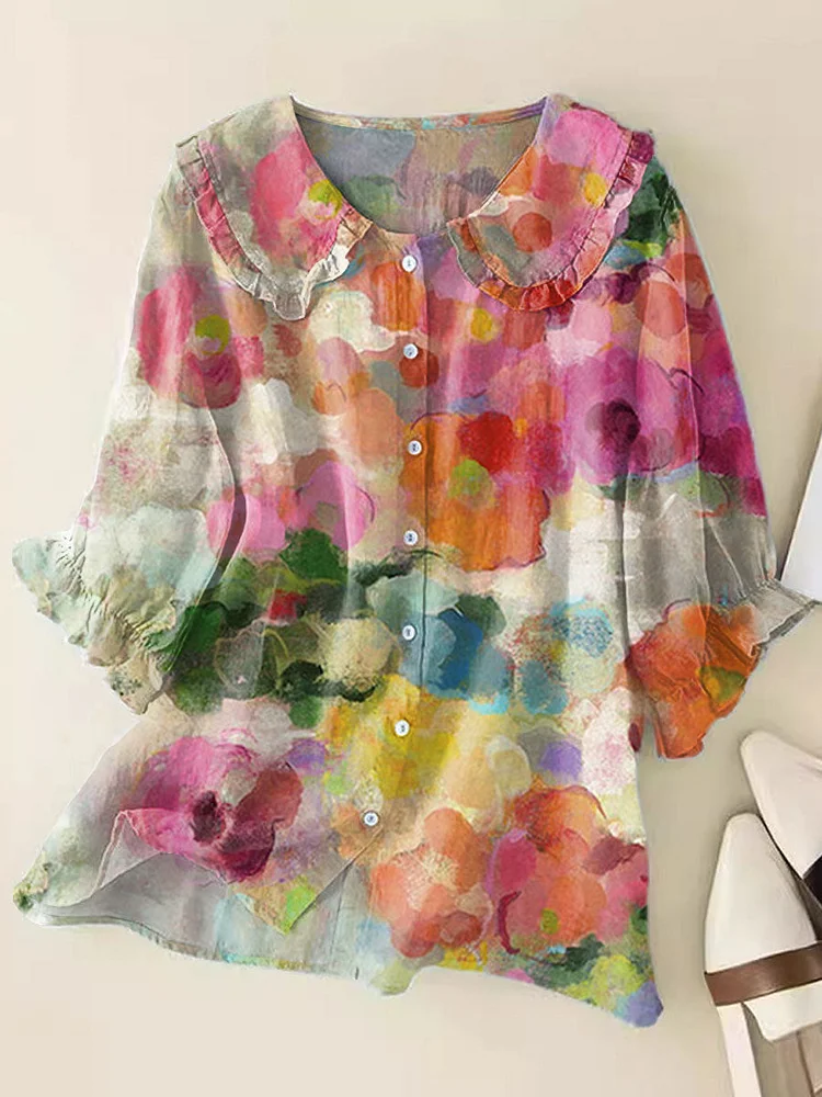 Women Vintage Flowers Art Print Loose Top Peter Pan Collar Half Sleeve Blouses