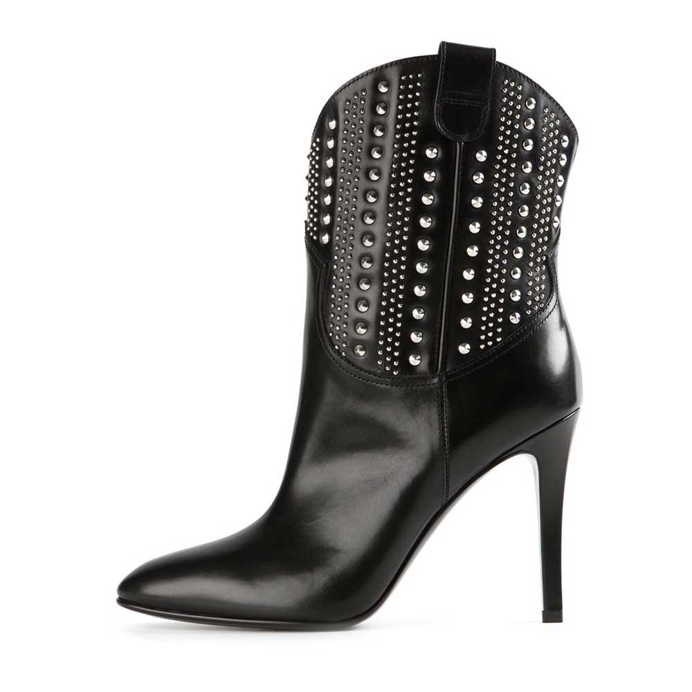Women's Black Booties Stiletto Heel Studded Western Cowgirl Boots