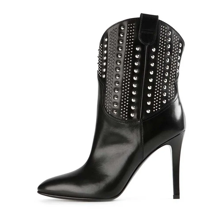 Women's Black Booties Stiletto Heel Studded Western Cowgirl Boots |FSJ Shoes