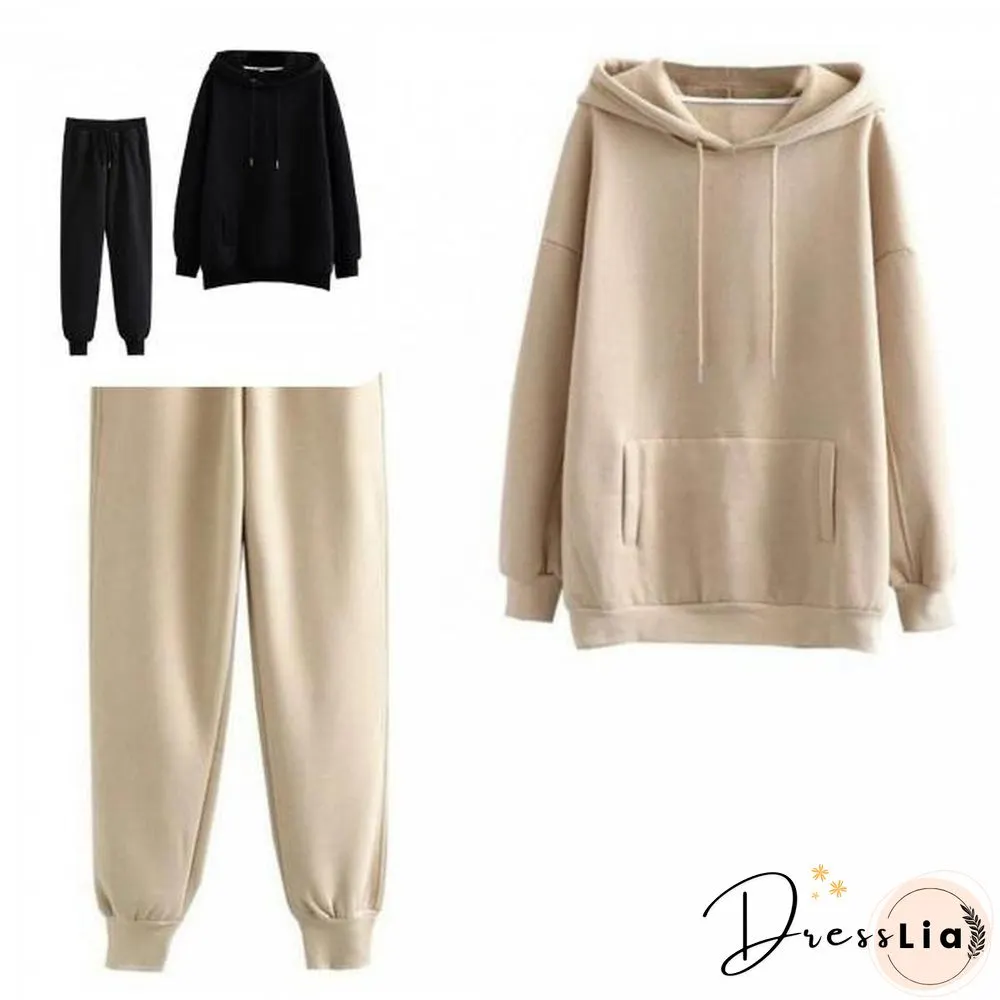 Sweatshirt Pants Set Hooded Cold Resistant Drawstring Pockets Women Outfit For Office