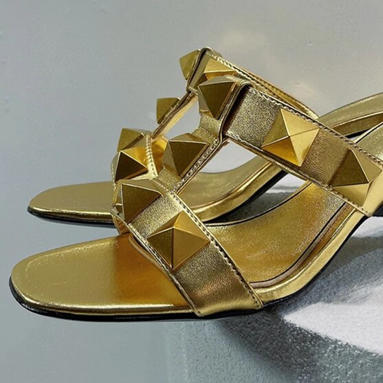 VCSHOES Rivet Embellished Sandals Women Genuine Leather Slingbacks Open Toe Fretwork Med Heel Mules