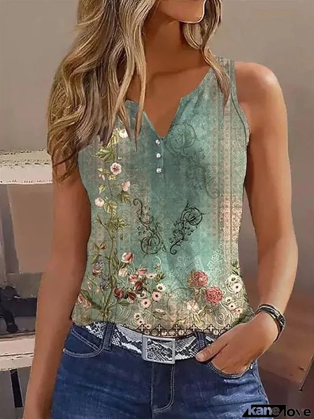 Women's Tank Top White Red Blue Floral Button Print Short Sleeve Casual Holiday Basic V Neck Regular Floral S