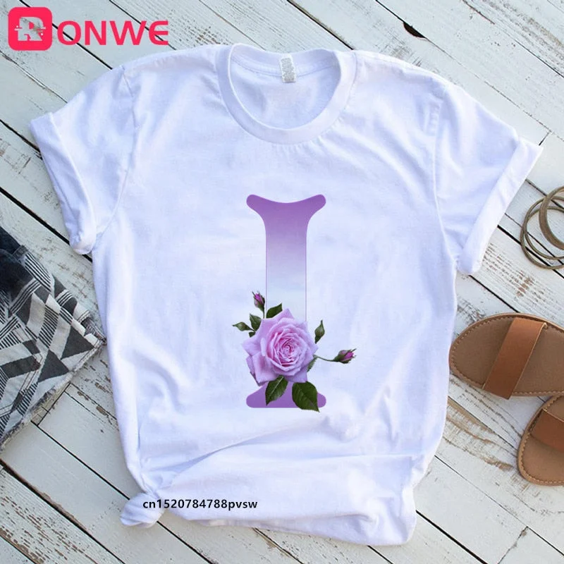 Women's Custom Name Rose Letter Combination Printing T-shirt Flower Letter Font A B C D E F G Short sleeve Tshirt,Drop Ship