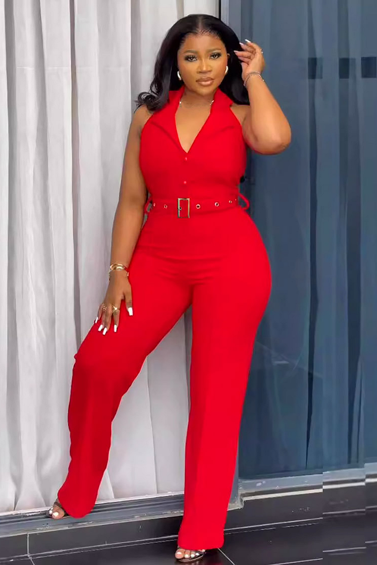 V Neck Halter Belted Straight Leg Solid Color Sleeveless Jumpsuit-Red