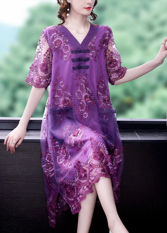 Simple Purple Embroideried Patchwork Lace Long Dresses Summer