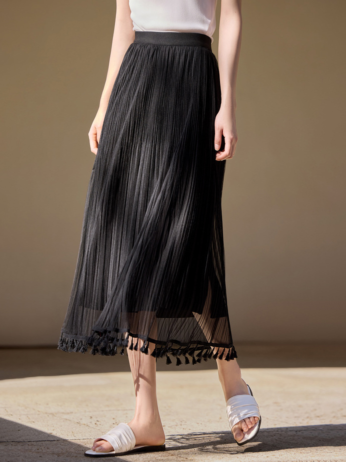 Tassel Hem Pleat Mesh High Waist Midi Skirt